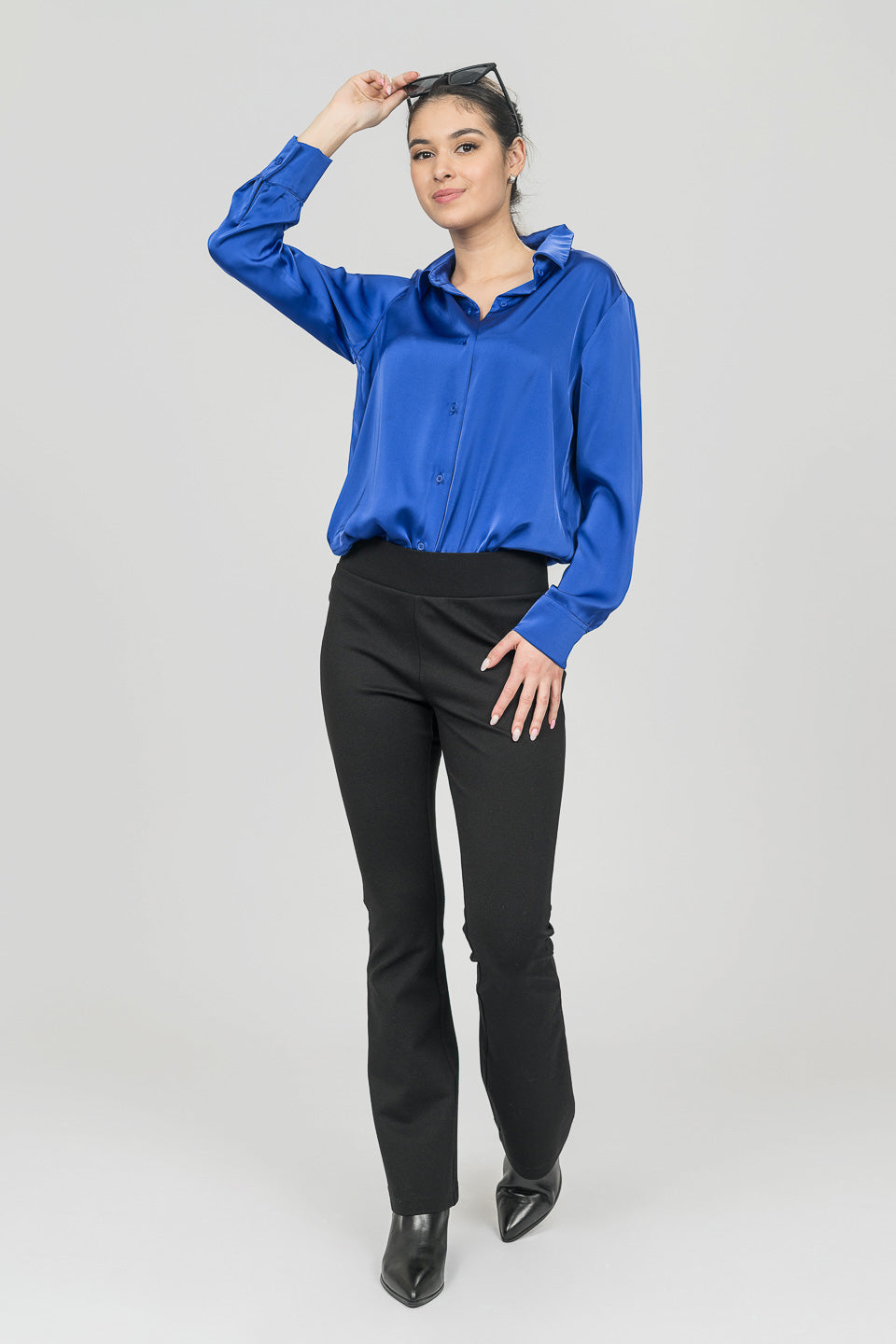 Royal Blue Satin Long Sleeve Blouse