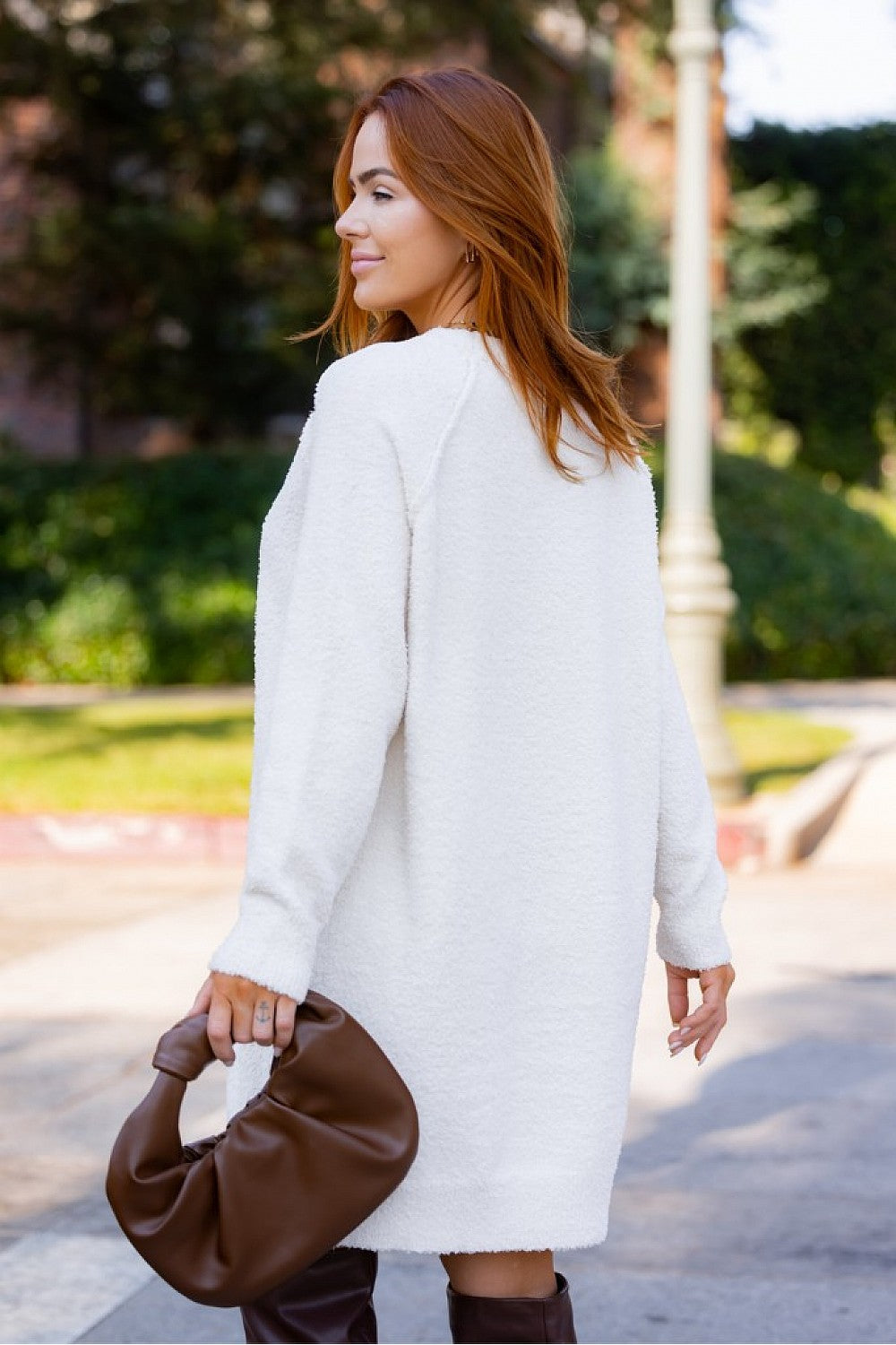 Cream Fuzzy Knit Long Sleeve Sweater Dress