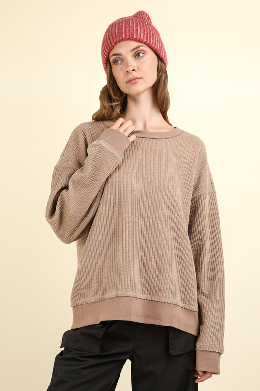 Oversized Textured Knit Top in Mocha