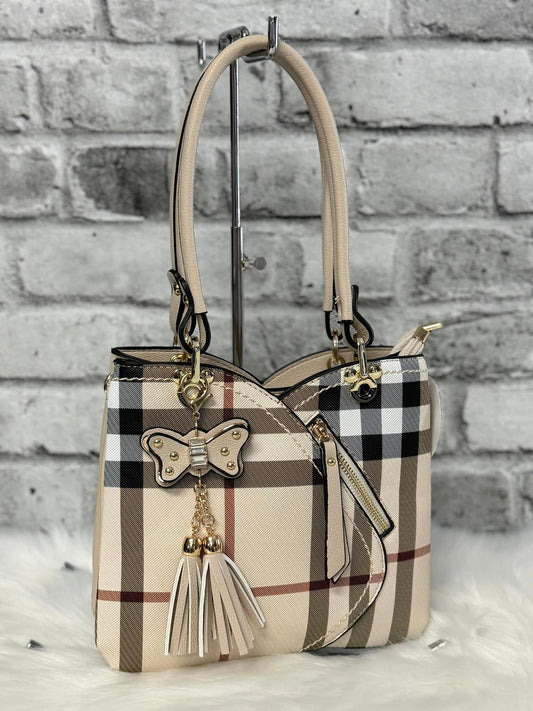 Cream Plaid Handbag/Shoulder Bag