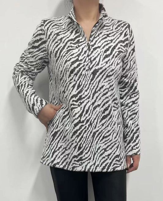 Zebra Print Top Zipper Long Sleeve Top