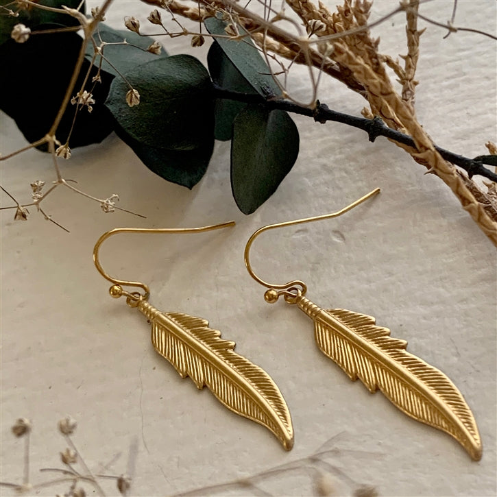 "Plumes" Raw Brass Feather Drop Earrings