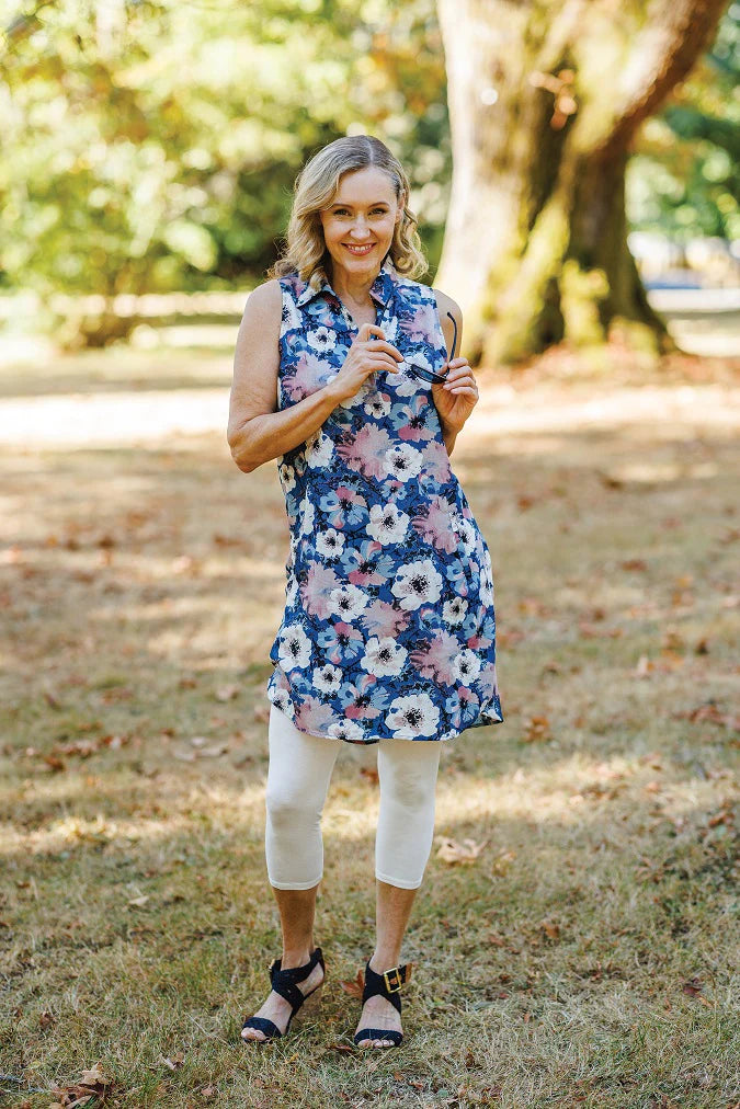 Large Floral Collared Shirt Hem Dress with Pockets