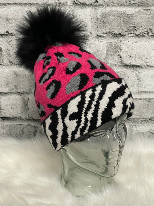 Pink and Black Leopard Toque with Faux Fur Pom