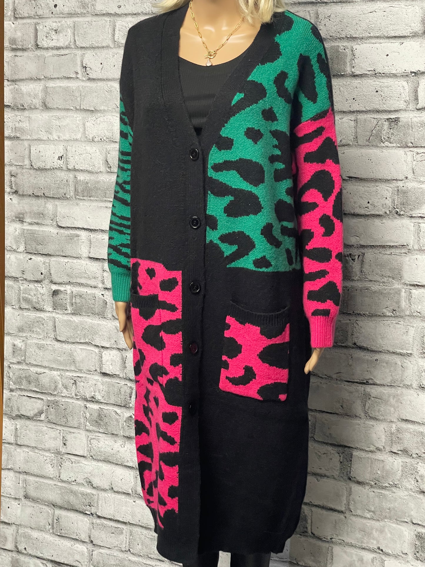 Leopard Print Maxi Cardigan in Hot Pink/Green