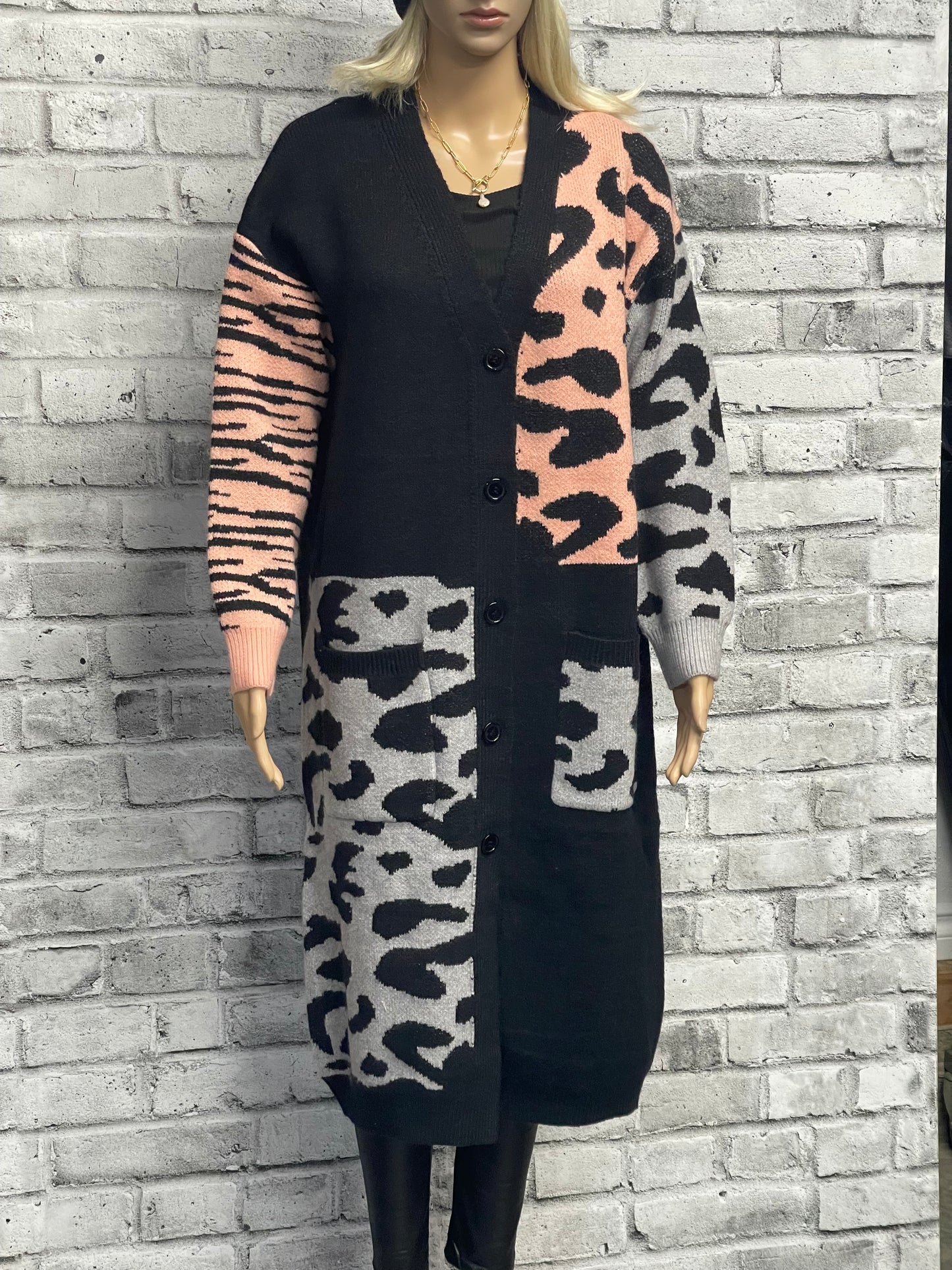 Leopard Print Maxi Cardigan in Grey/Peach