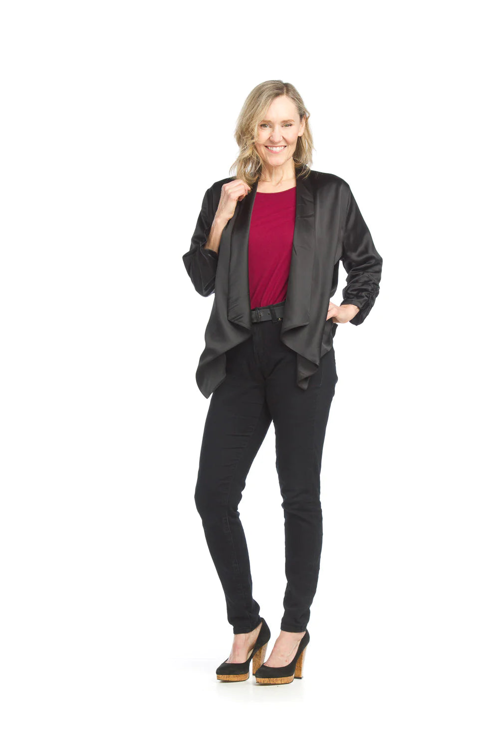 Black Satin Blazer with Ruched Sleeves