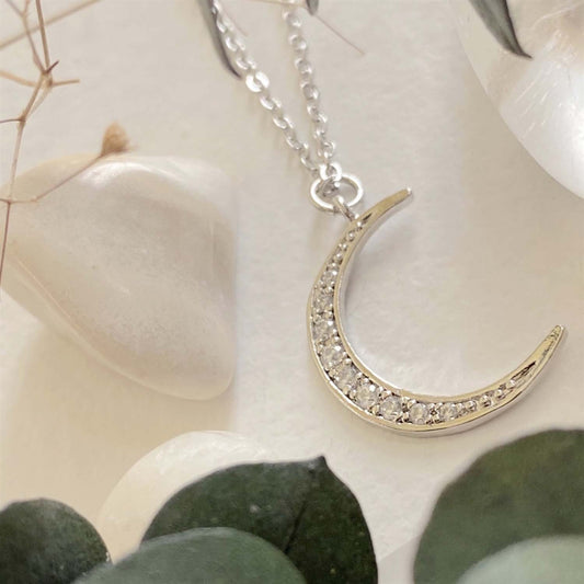 "La Lune" Rhinestone Moon Charm Necklace in Silver