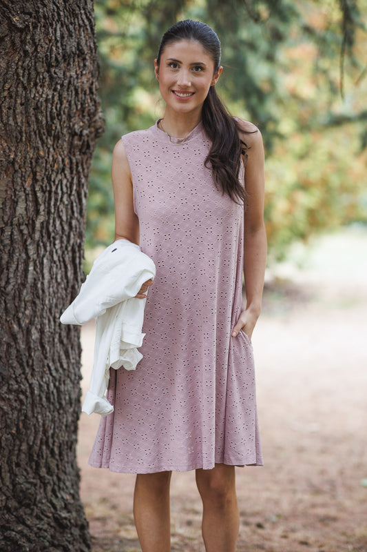 Stretch Eyelet Aline Dress in Rose with Pockets