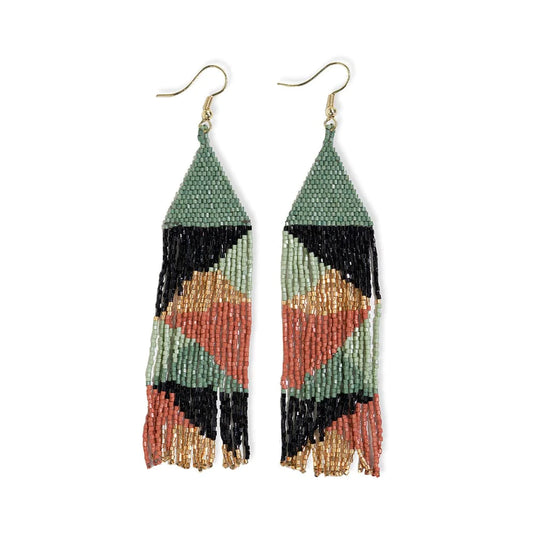 Brittany Mixed Triangles Beaded Fringe Earrings Greens + Rust