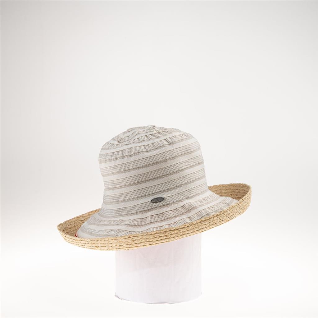 Rucco Cloche w/Stripes and Straw Brim in Beige