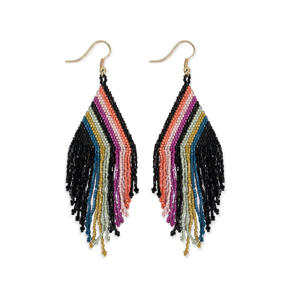 Haley Falling Lines Beaded Fringe Earrings Rainbow/Black