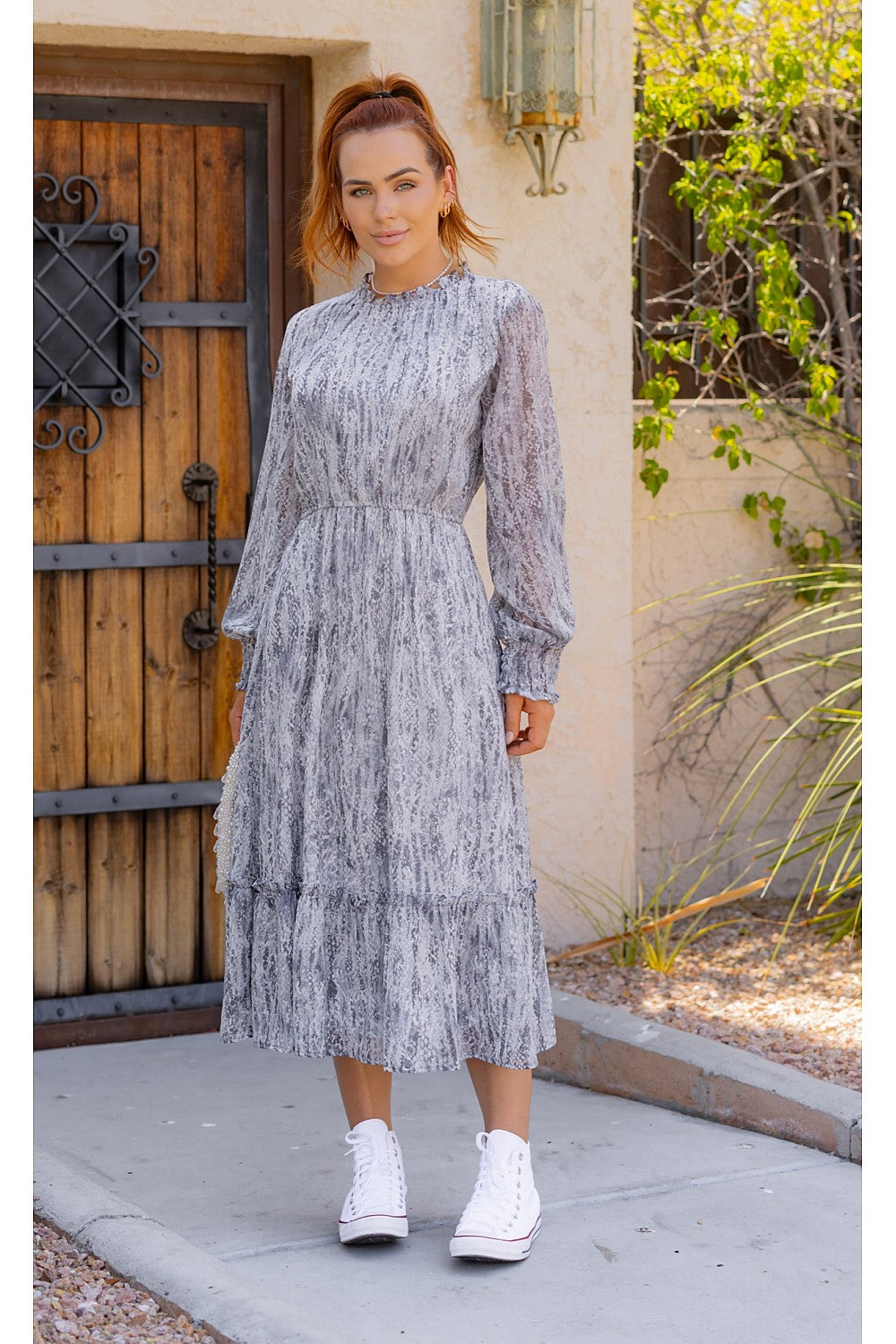 Grey Leopard Print Chiffon Midi Dress