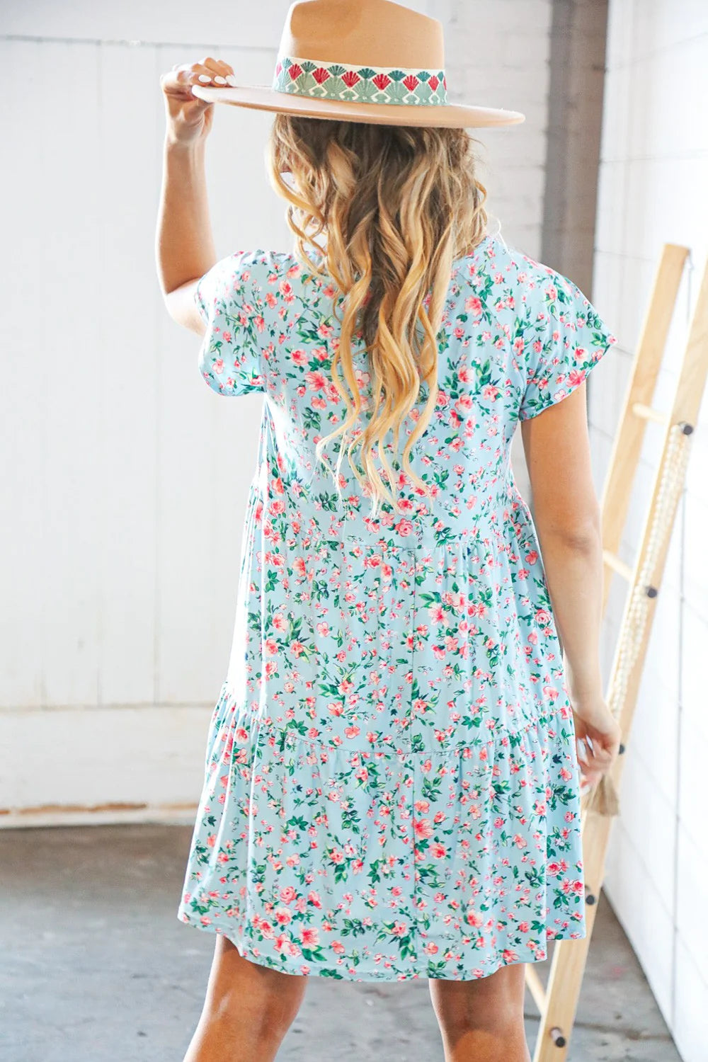 Aqua Floral Tiered Swing Dress