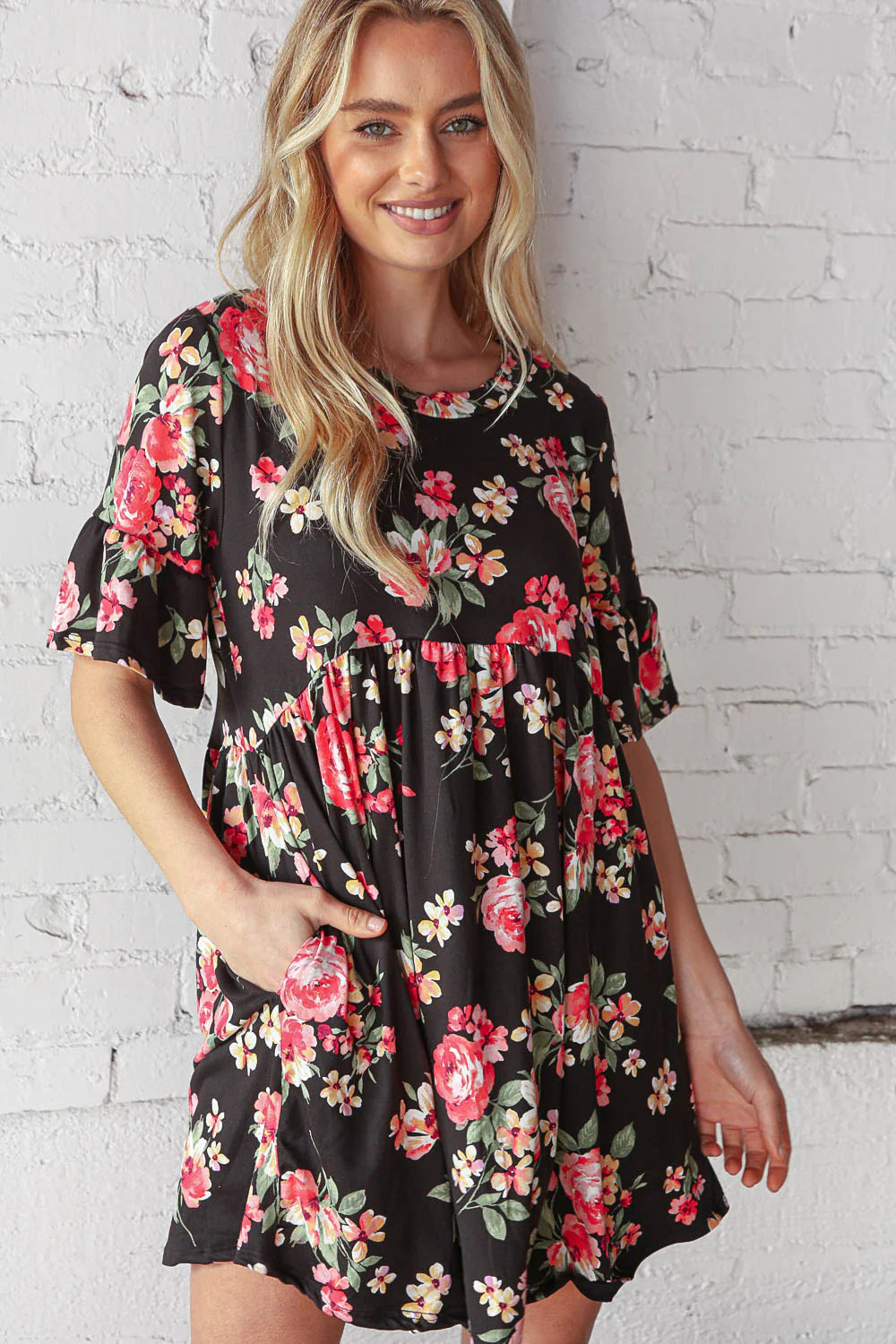 Black Floral Elbow Length Pocketed Dress