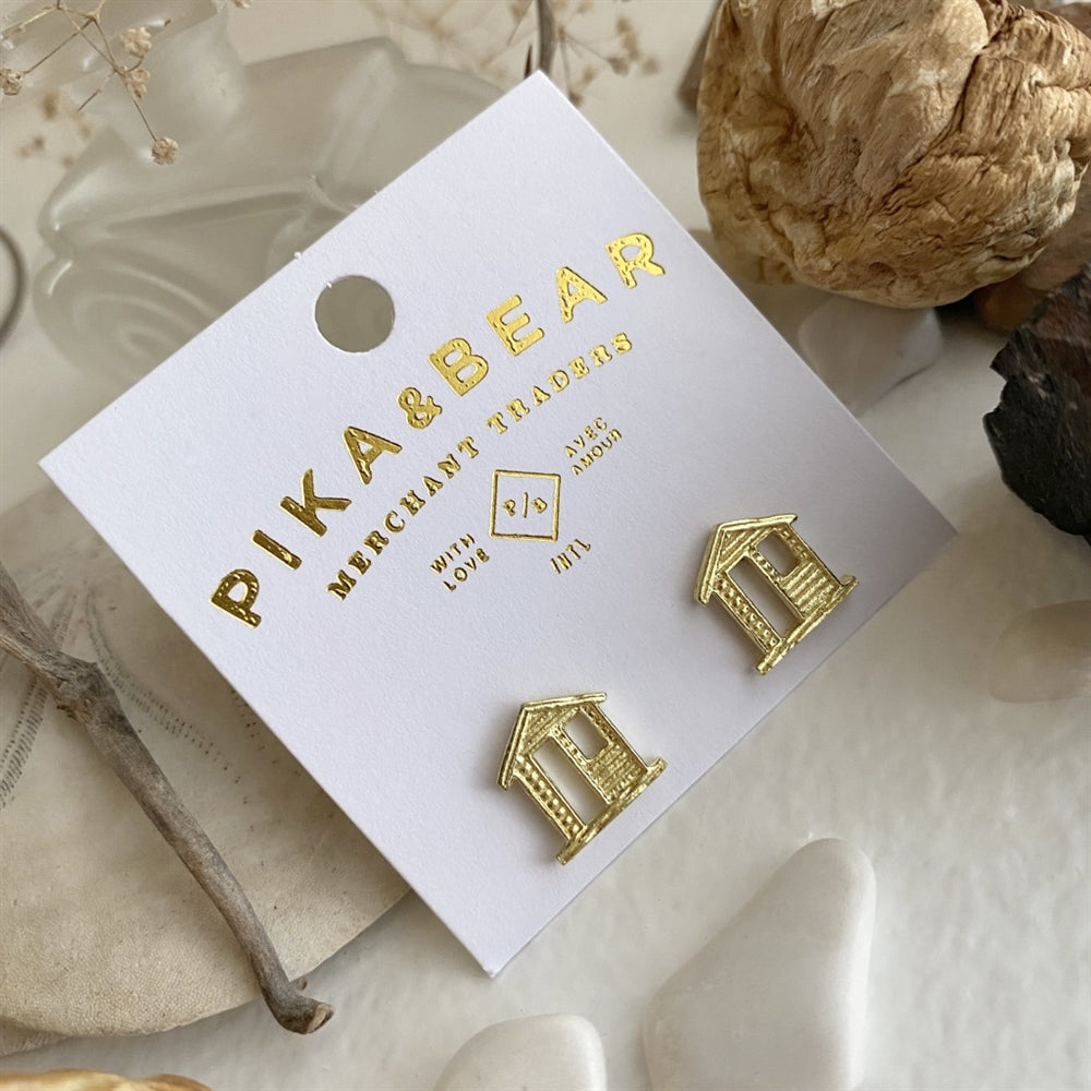 "108" Raw Brass Cabin Stud Earrings