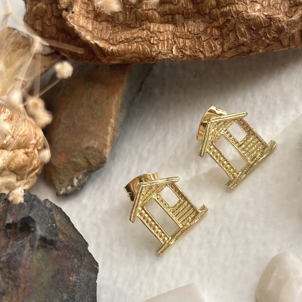 "108" Raw Brass Cabin Stud Earrings