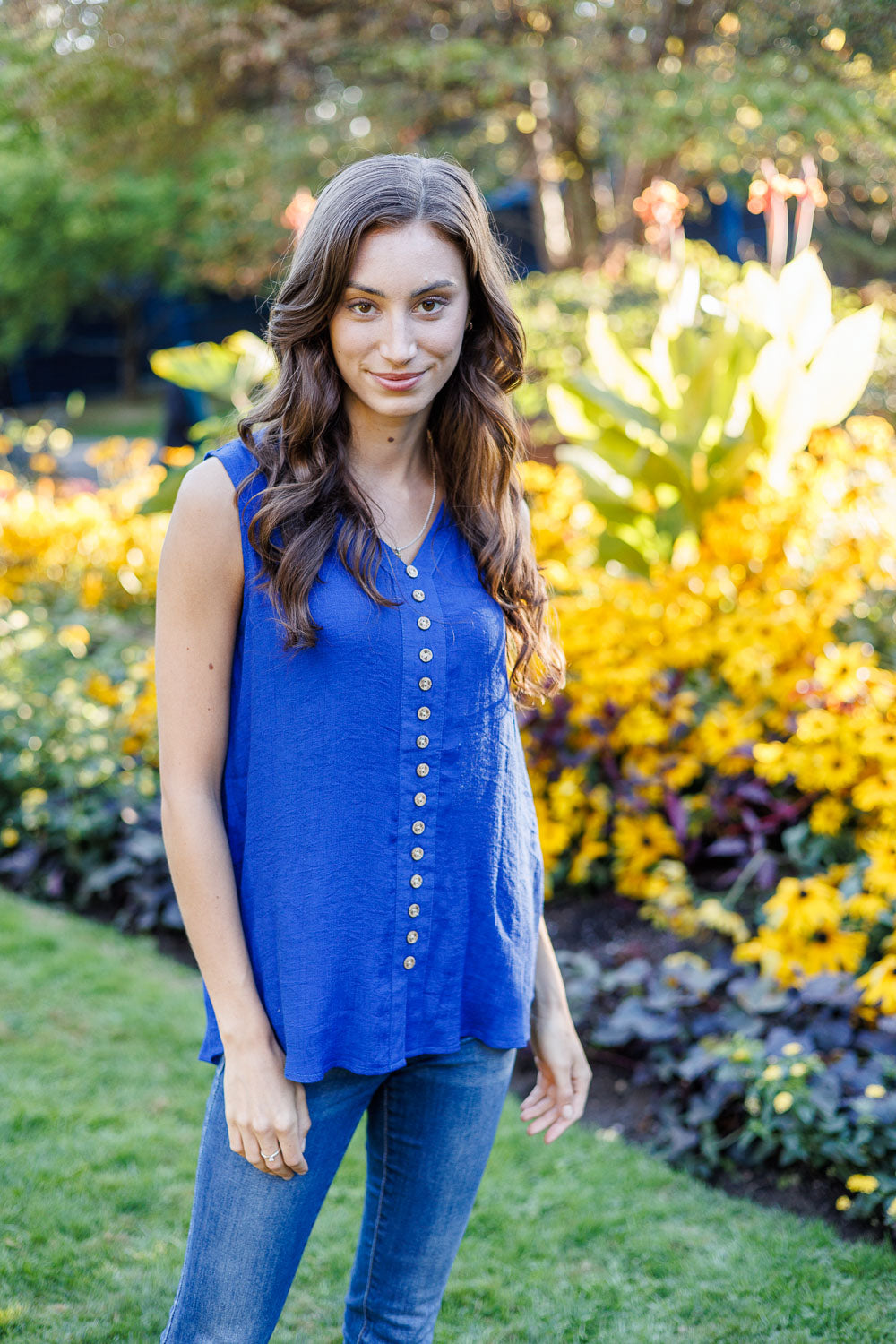 Cobalt Blue Sleeveless Button Design Top