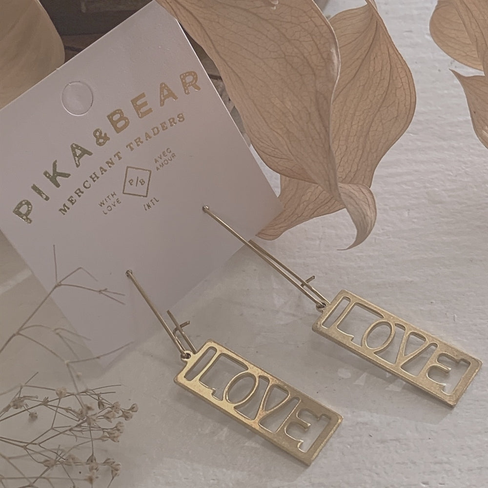 Raw Brass Drop "Love" Earrings