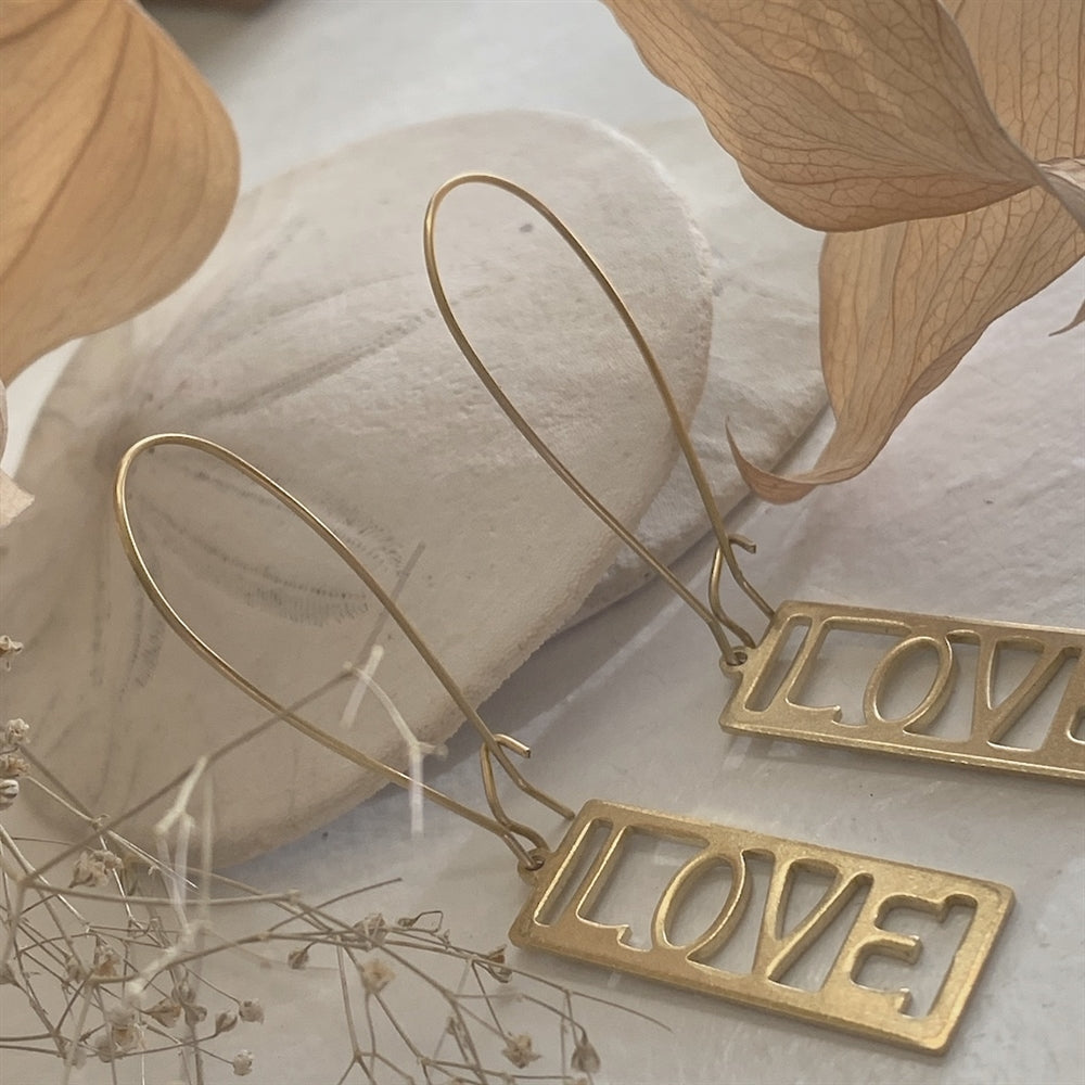 Raw Brass Drop "Love" Earrings