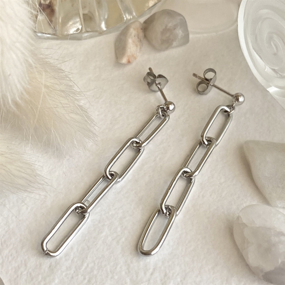 Paperclip Chain Drop Stud Silver Earrings